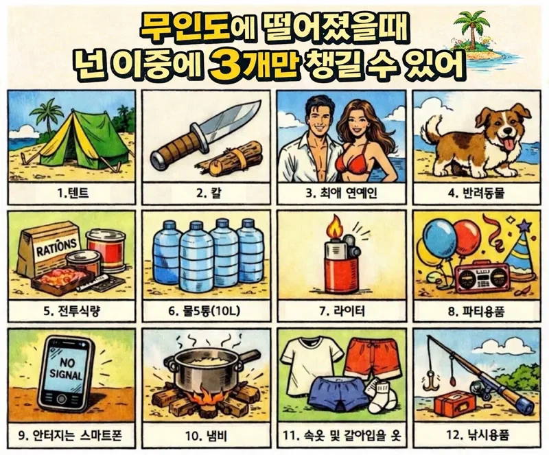 무인도에 떨어졌을때 넌 이중에 3개만 챙길 수 있어_1.webp
