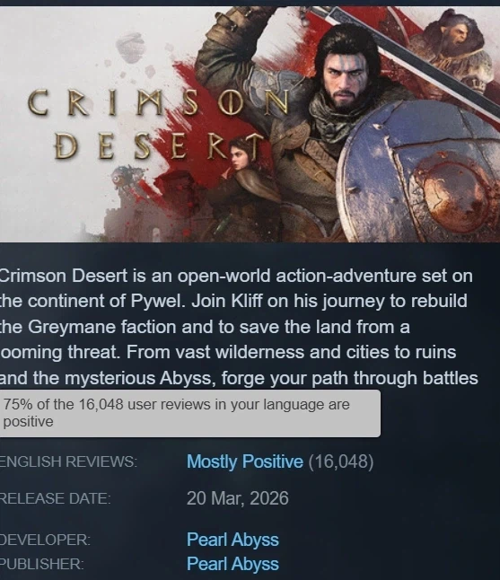 붉은사막 논란에도 주말 스팀 이용자 20만대. 국내 스팀 평가 복합적으로 상승_3.webp