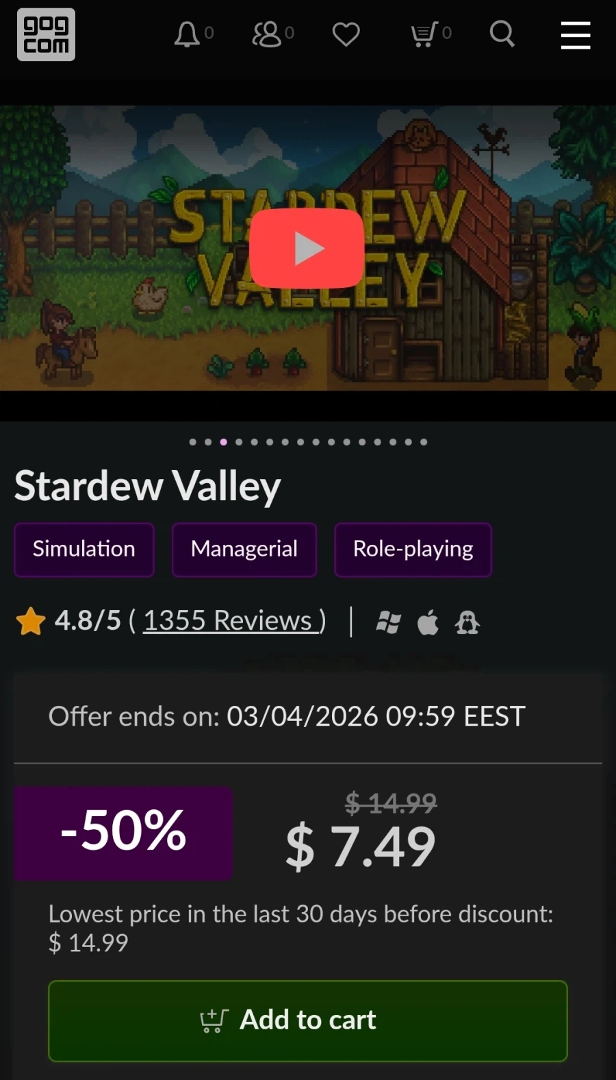 [GOG] Stardew Valley 50% 할인 7.49달러_1.webp